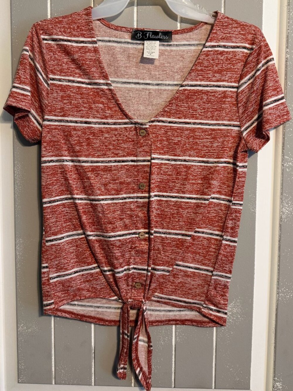 B Flawless Juniors Short Sleeve Front Tie Shirt Stripes Red White Black Med NWOT